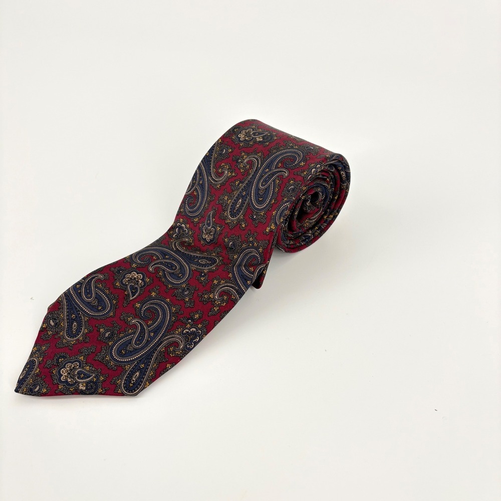 Robert Talbott Mens Silk Paisley Tie Burgundy Navy Gold Hand Printed Italy